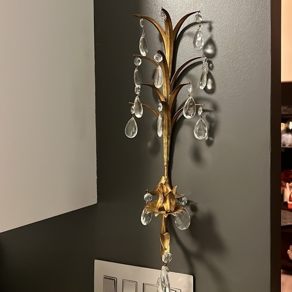 Vintage Hollywood Regency 18” Sconce Crystal Glass Prism Tole Metal - Gold Gilt - Picture 4 of 14